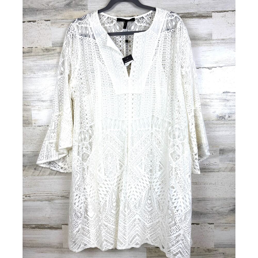 BCBGMAXAZRIA Womens L White Catier Boho Lace 3/4 Sleeve Summer Mini Dress NWT - Picture 3 of 8